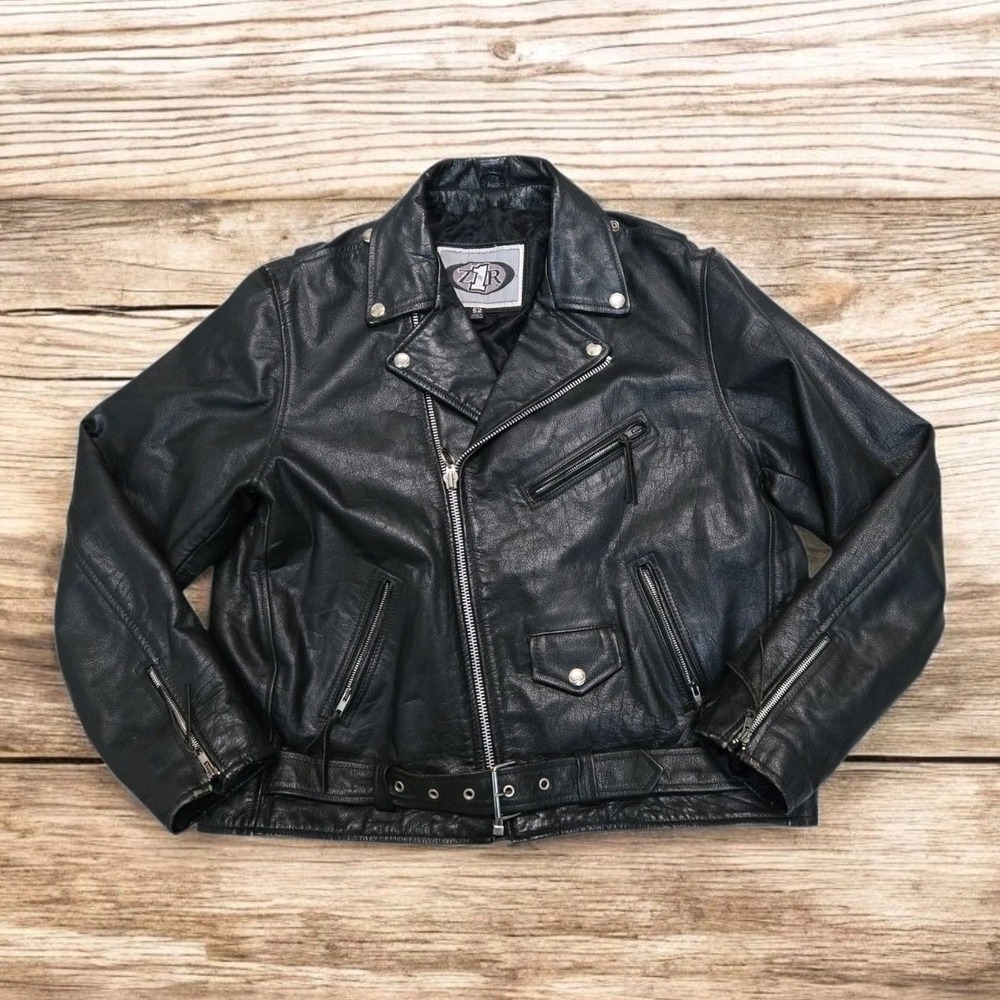Vtg Z1R Genuine Leather Biker Jacket Large Black Moto Motorcycle Gear Men's 52